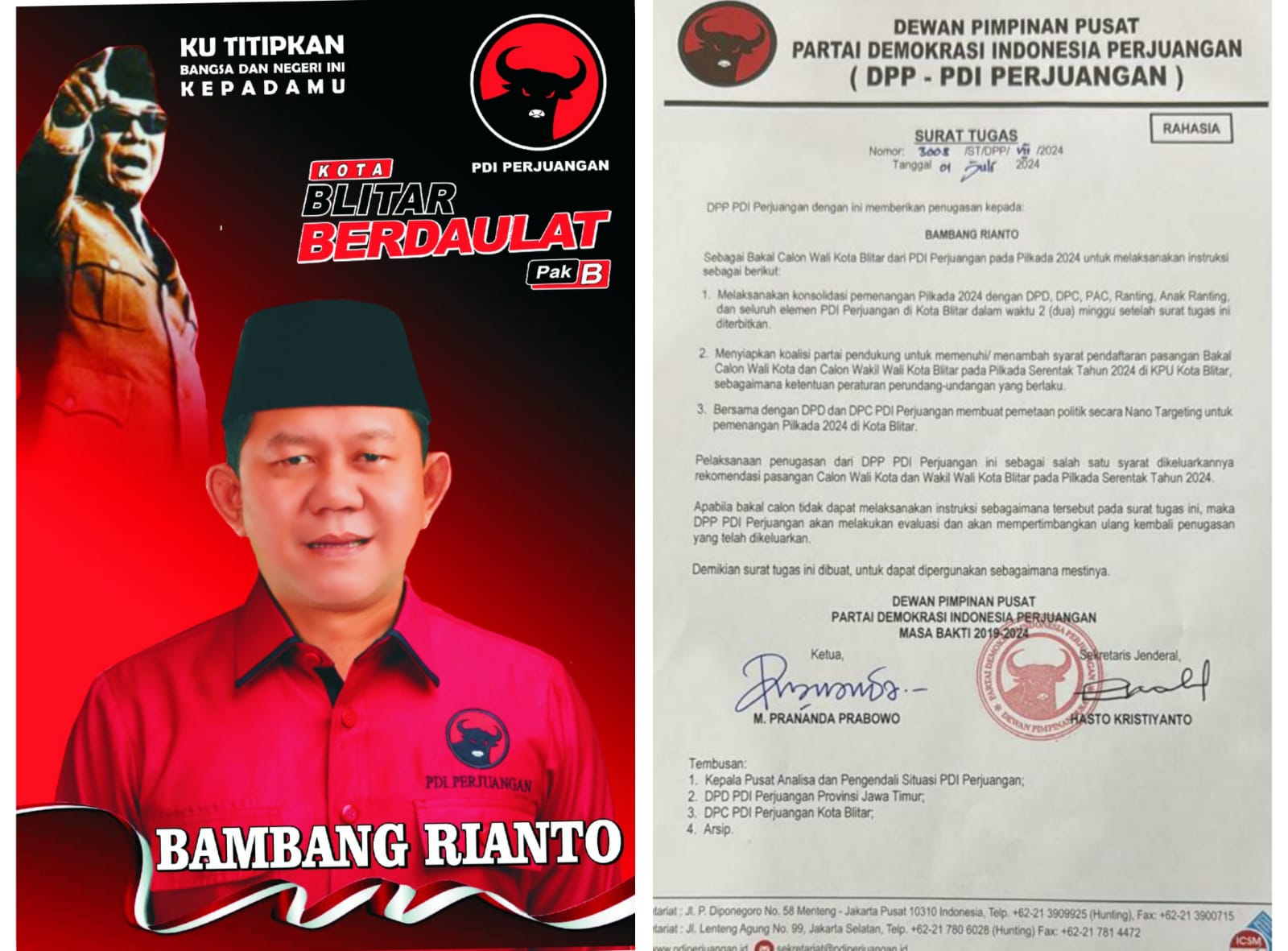 Bambang Kawit Terima Surat Tugas DPP PDI Perjuangan Balon Walikota Blitar, Kabupaten Blitar Segera Terbit
