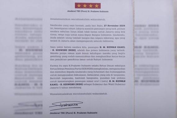 H-1 Pilkada Jakarta, Beredar Surat Prabowo Subianto Dukung Ridwan Kamil