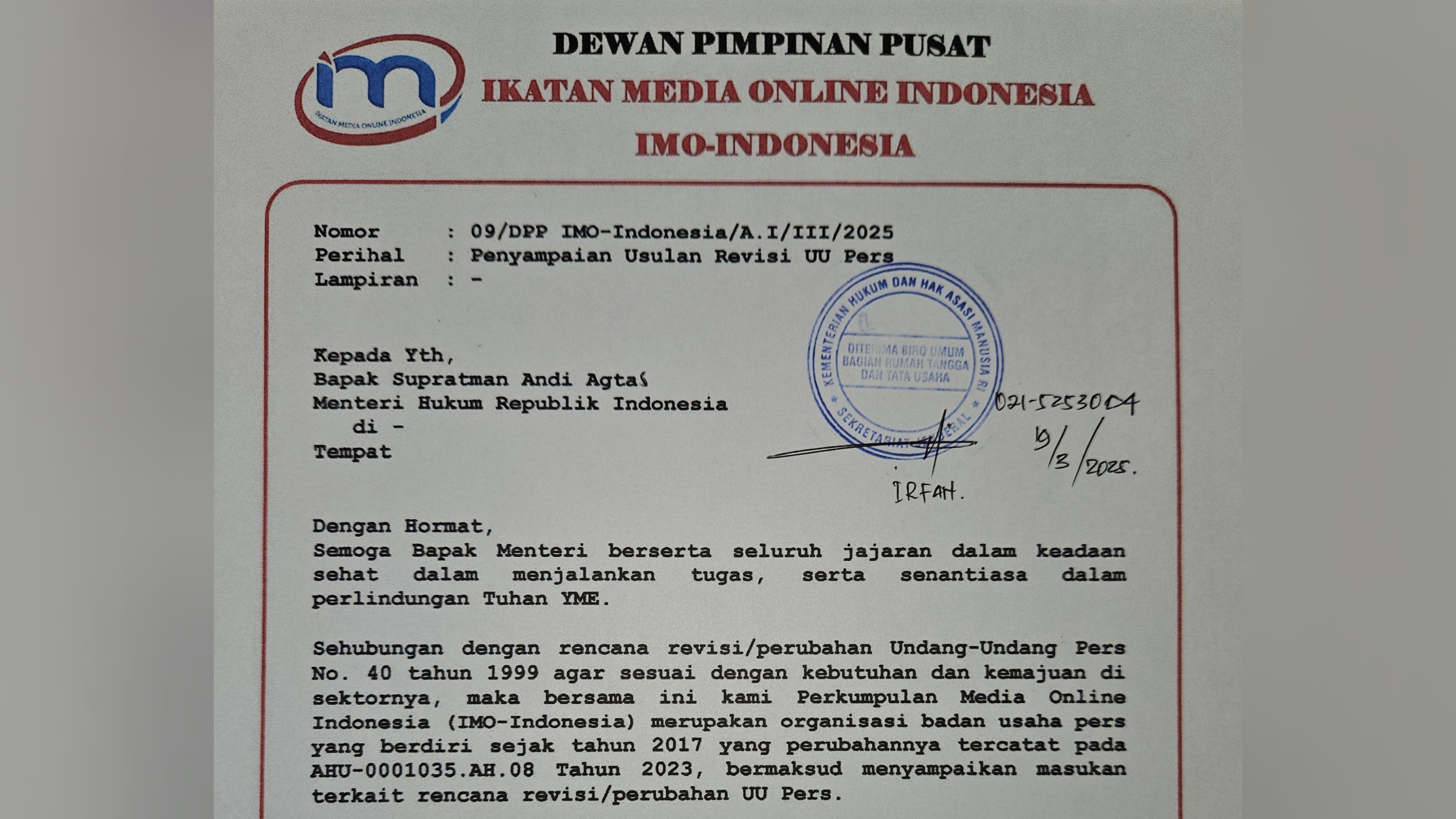 Surati Menteri Hukum, IMO-Indonesia Usul Sejumlah Poin Rencana Revisi UU Pers