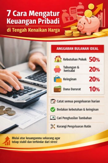 Infografis 7 Cara Mengatur Keuangan Pribadi di Tengah Kenaikan Harga dengan ilustrasi kalkulator, koin, dan piggy bank.