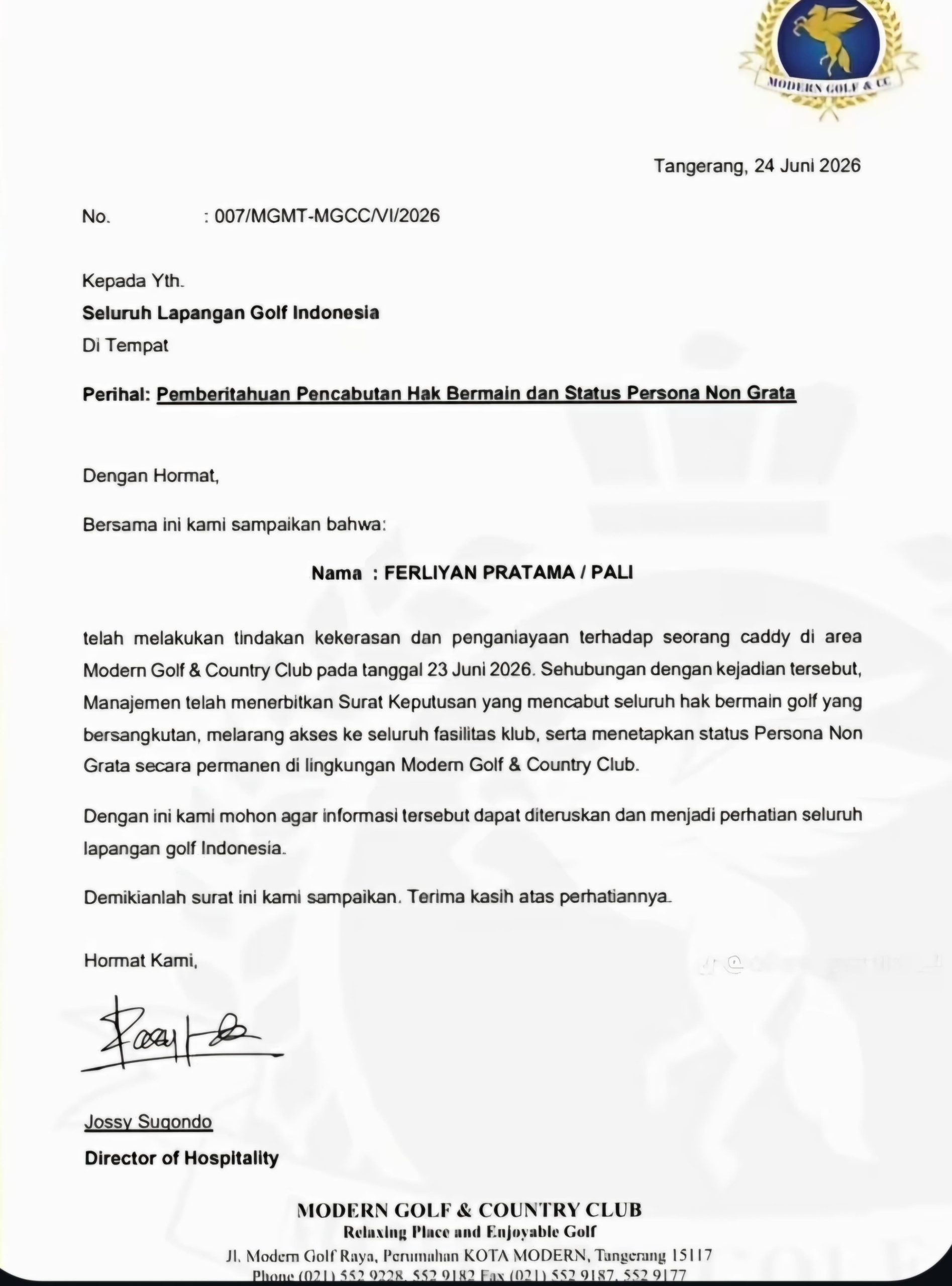 Pelaku Penganiaya Caddy Masuk Daftar Hitam, Surat Larangan ke Seluruh Golf Tersebar Luas