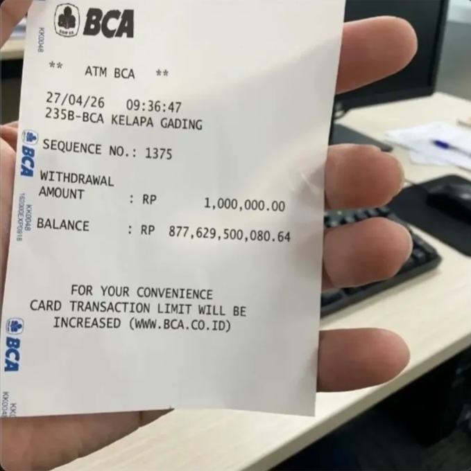 Heboh! Struk ATM BCA Tertinggal di Kelapa Gading, Nilainya Cukup Fantastis