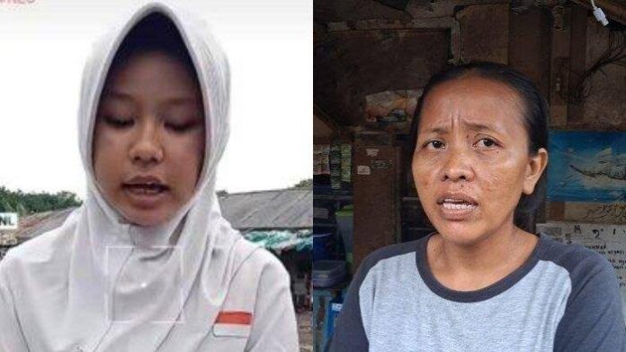 Sosok Keimita Ayuni Putri Aiman, siswi di Bekasi viral mengaku tak diterima di SMP Negeri. Ibu Keimita, Atimah (kanan) menyebut, putrinya selalu ranking 1 di SD. Foto: Tangkapan layar TikTok @mandra-putra17