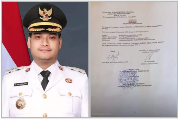 Kolase Foto Bupati Buton Alvin Akawijaya Putra dan Surat Laporan Kepolisian. Sumber: sorotsultra.com