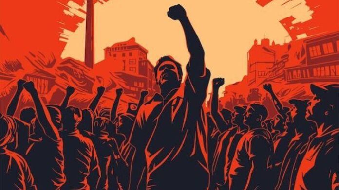 Ilustrasi gambaran buruh pabrik saat melakukan aksi demonstrasi menuntut hak para pekerja.(Pinterest/Freepik)